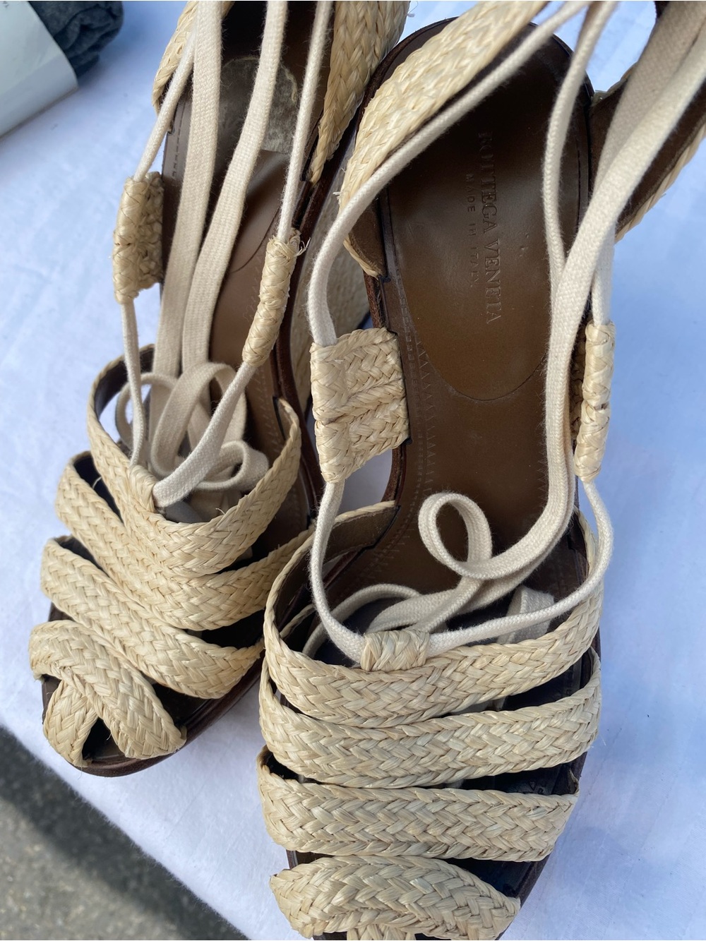 Bottega Veneta Natural Braided Espadrille Lace-Up Sandals